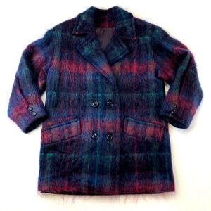 Jacob Crowley brushed mohair plaid 70s pea coat Medium double breasted Vintage